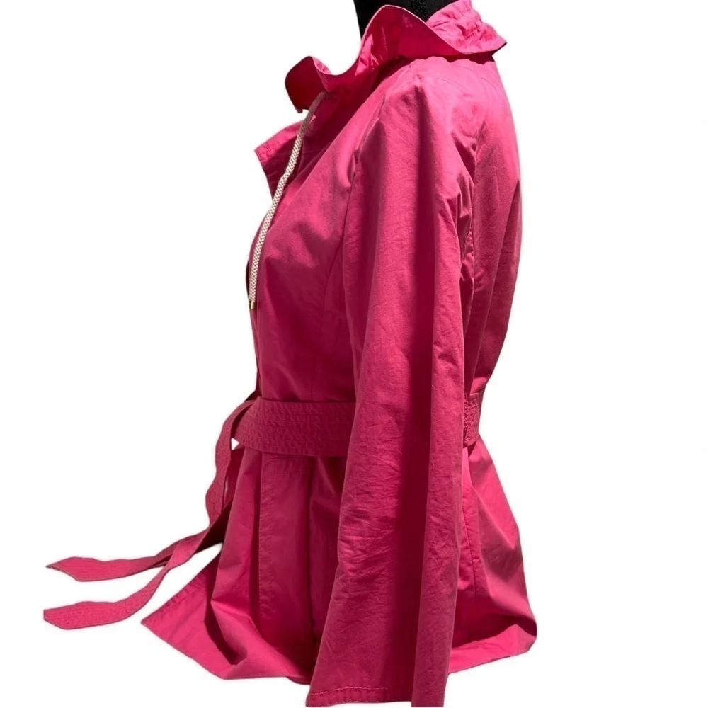 J. Crew Trench Coat Hot Pink Lightweight Lined Belted Ruffled Collar L EUC